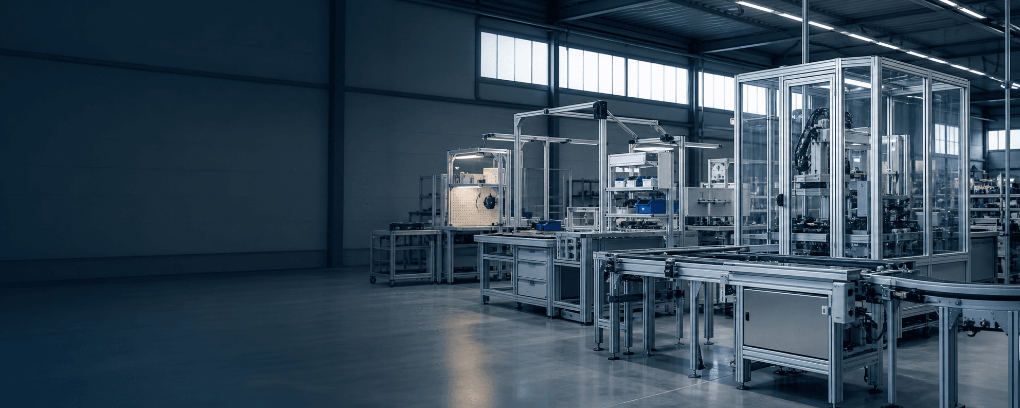Atelier industriel équipé de structures modulaires en profilés aluminium