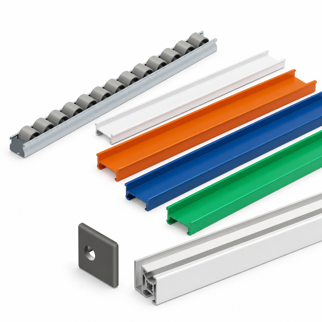 Profils spéciaux, rails colorés, profil à rouleaux et profil avec embout